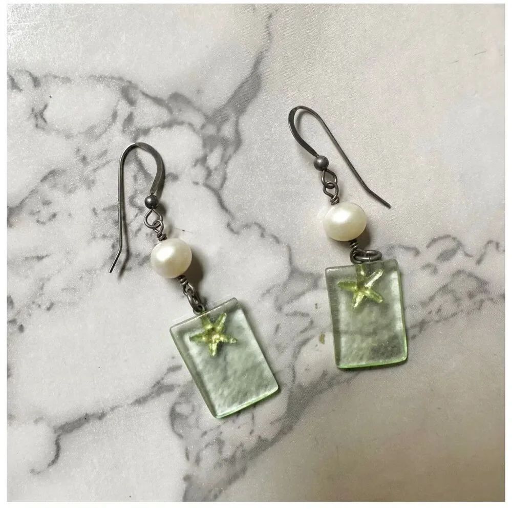 Sterling silver Green  pearl  starfish earrings
